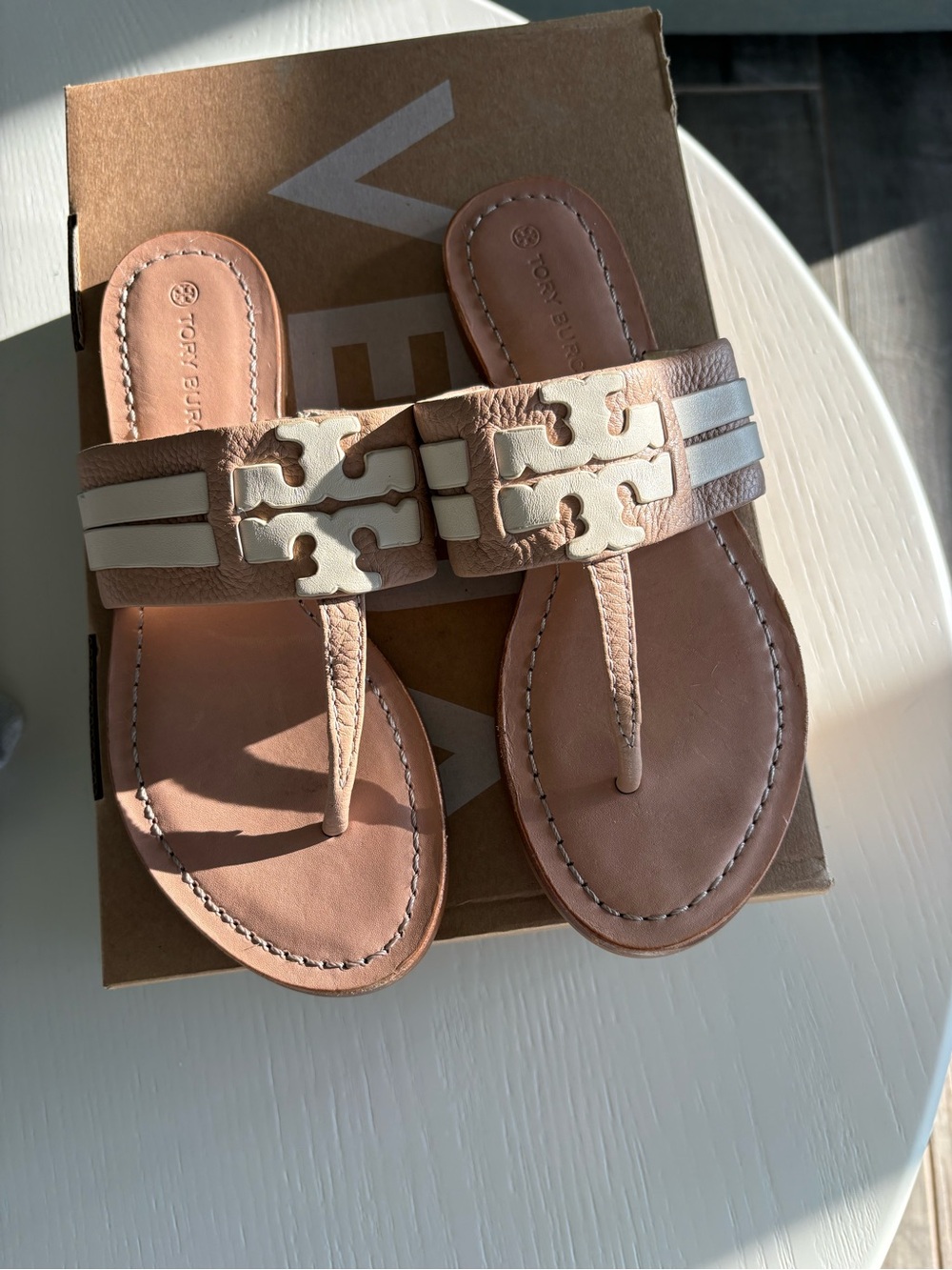 Tory Burch Pink Leather Logo Thong Sandals with Cream Accents